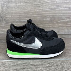 Nike Waffle Trainer 2 Toddler Boy Sz 8 Black Silver Green Low Lace Up Sneakers